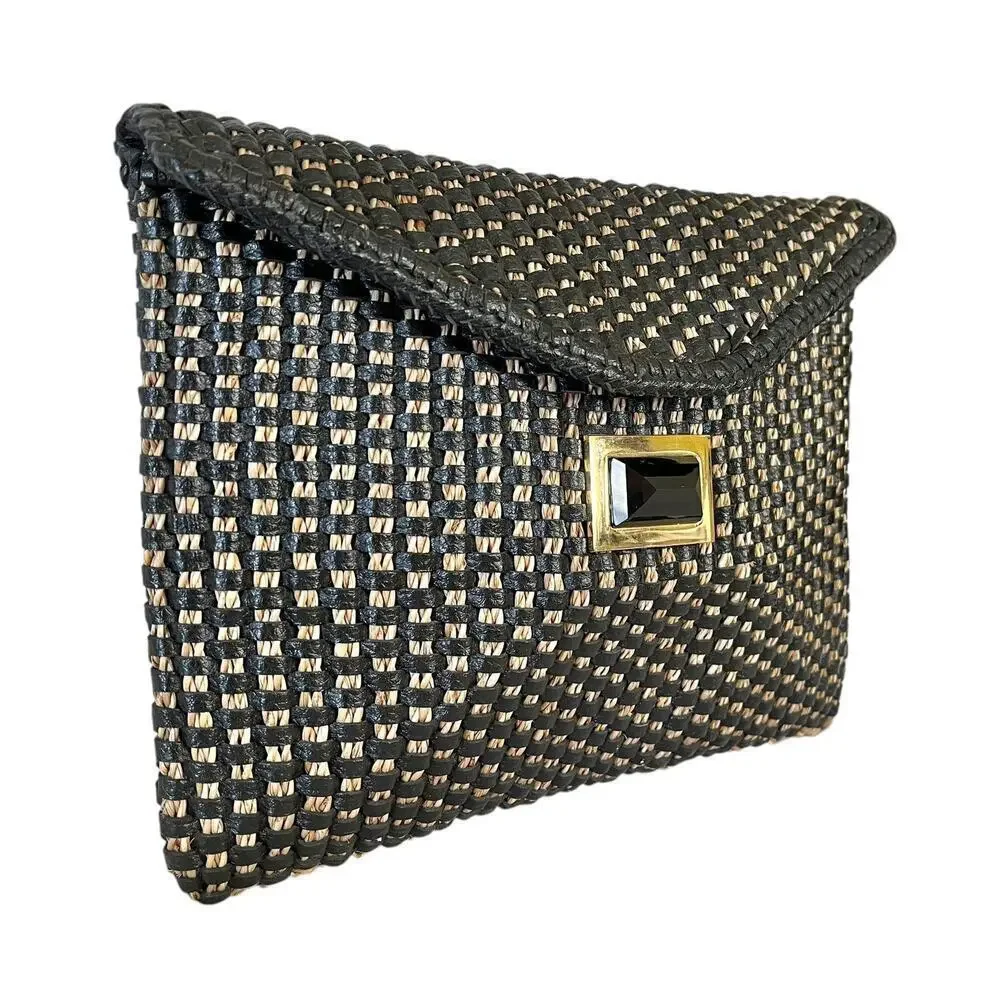 Kara Ross NY Woven Straw Black Leather Onyx Embellished Envelope Clutch Handbag